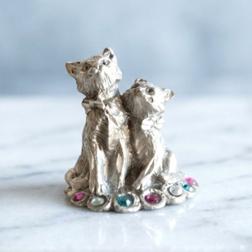 Vintage Jay Craft Pewter Kittens Figurine 1994 Jeweled Rhinestone Mini Cat